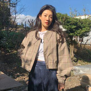 Plaid Crop Blouson Jacket Beige - One Size
