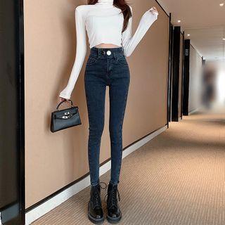 Plain High-waist Light Fleece Jeans