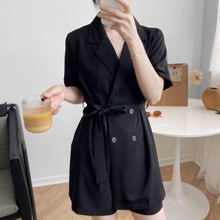 Collared Short-sleeve Double-breasted Wide-leg Playsuit