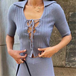 Elbow-sleeve Collared Lace-up Knit Top
