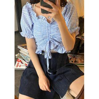 Smocked Gingham Crop Blouse