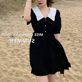 Collared Elbow-sleeve Blouse / Elbow-sleeve Mini A-line Dress