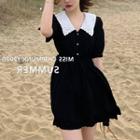 Collared Elbow-sleeve Blouse / Elbow-sleeve Mini A-line Dress
