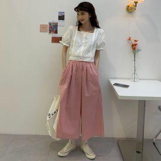 Short-sleeve Square-neck Blouse / Wide-leg Pants