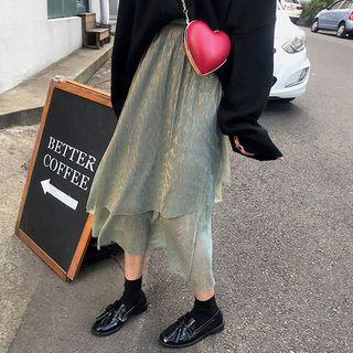 Band-waist Pleated Ruffled Skirt Green - One Size