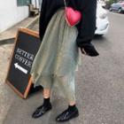 Band-waist Pleated Ruffled Skirt Green - One Size