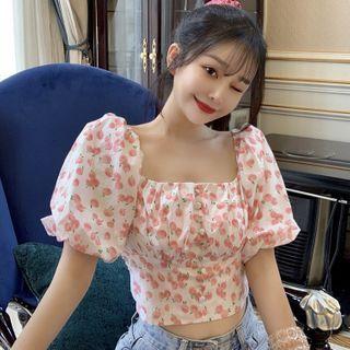 Apple Print Short-sleeve Blouse Peach - One Size
