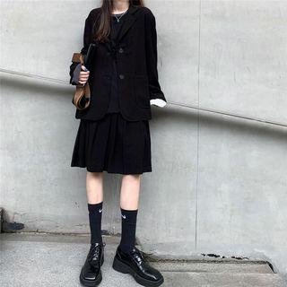 Plain Single-breasted Blazer / High-waist A-line Skirt