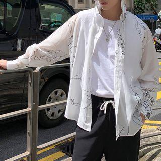 Long-sleeve Printed Hooded Buttoned Top