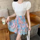 Puff-sleeve Top / Floral Print Layered Mini Skirt