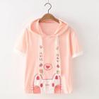 Cat Embroidered Hooded Short-sleeve T-shirt As Shown In Figure - One Size