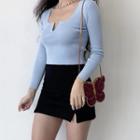 Cropped Square-neck Plain Long-sleeve Knit Top