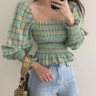 Square Neck Plaid Puff Sleeve Top