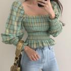 Square Neck Plaid Puff Sleeve Top