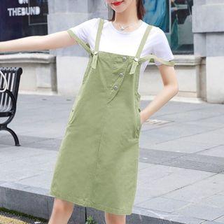 Set: Short-sleeve T-shirt + Denim Overall Dress