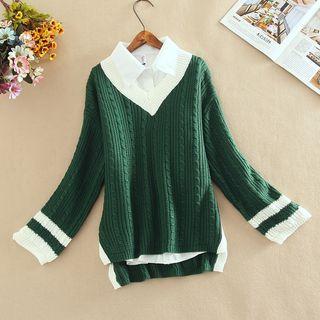 Plain Shirt / Color Block Cable Knit Sweater / Set