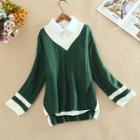 Plain Shirt / Color Block Cable Knit Sweater / Set