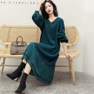 Chiffon Panel Midi A-line Sweater Dress
