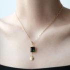 Faux Pearl Crystal Pendant Necklace White & Green - One Size