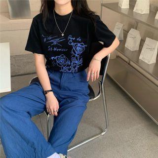 Printed Loose-fit T-shirt Black - One Size
