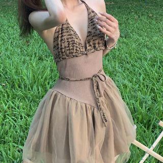 Halter Knit Panel Mini A-line Dress