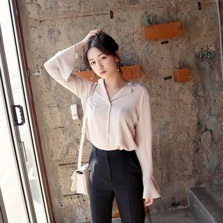 Notched-lapel Flounced-sleeve Blouse