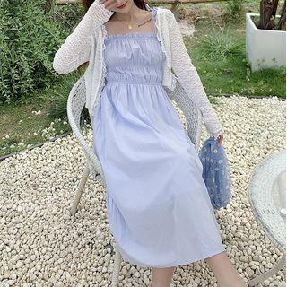 Spaghetti Strap Frill Trim Midi A-line Dress / Lace Trim Cardigan