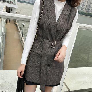 Plaid Double-breasted Vest With Belt