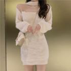 Long-sleeve Lace Panel Furry Knit Dress