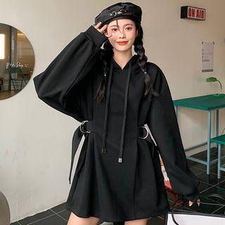 Long-sleeve Buckled Hooded Mini Sweatshirt Dress