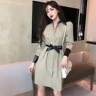 Tie-waist Long-sleeve Shirtdress Green - One Size