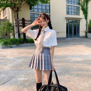 Short-sleeve Bear Print Shirt / Plaid Tie / Mini Pleated Skirt