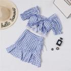 Set: Short-sleeve Gingham Swim Top + Skirt