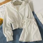 Set: Smocked-waist Hooded Jacket + Wide-leg Shorts