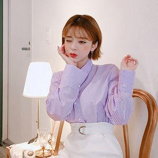Faux-pearl Button Stripe Shirt