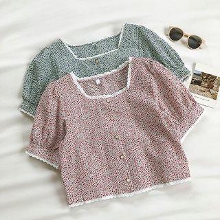 Floral Square-neck Lace-trim Short-sleeve Blouse
