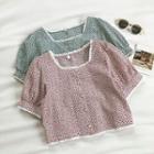 Floral Square-neck Lace-trim Short-sleeve Blouse