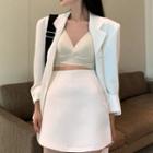 Plain Blazer / V-neck Crop Camisole Top / Mini A-line Skirt