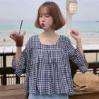 Plaid Elbow-sleeve Open Back Blouse