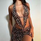 Leopard Print Halter Open-back Cut-out Side-slit Dress