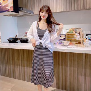 Set: Spaghetti-strap Striped Dress + Light Jacket