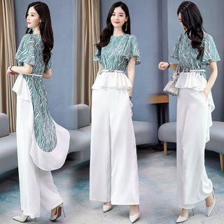 Set: Short-sleeve Patterned Blouse + Wide Leg Pants