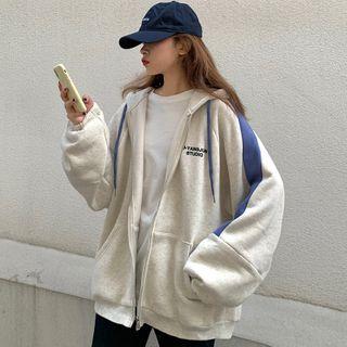 Lettering Color-block Zip Hoodie