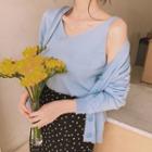 Set: V-neck Cardigan + Sleeveless Knit Top Sky Blue - One Size