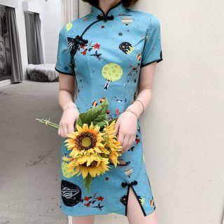 Short-sleeve Planet Print Mini Qipao