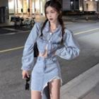 Long-sleeve Denim Cropped Jacket / High-waist Asymmetric Denim Skirt