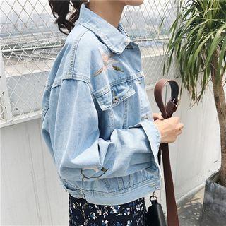 Embroidered Loose-fit Cropped Denim Jacket