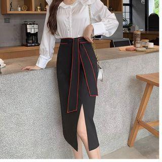 Tie-waist Slit Midi Straight-fit Skirt