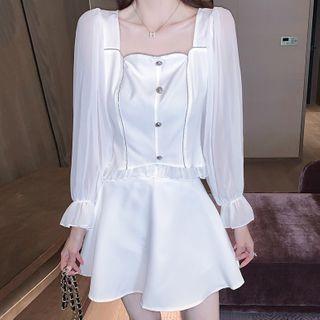 Set: Square-neck Puff-sleeve Blouse + A-line Skirt