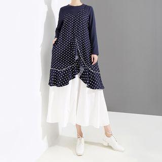 Dotted Panel Long-sleeve Midi Mock Two Piece Dress